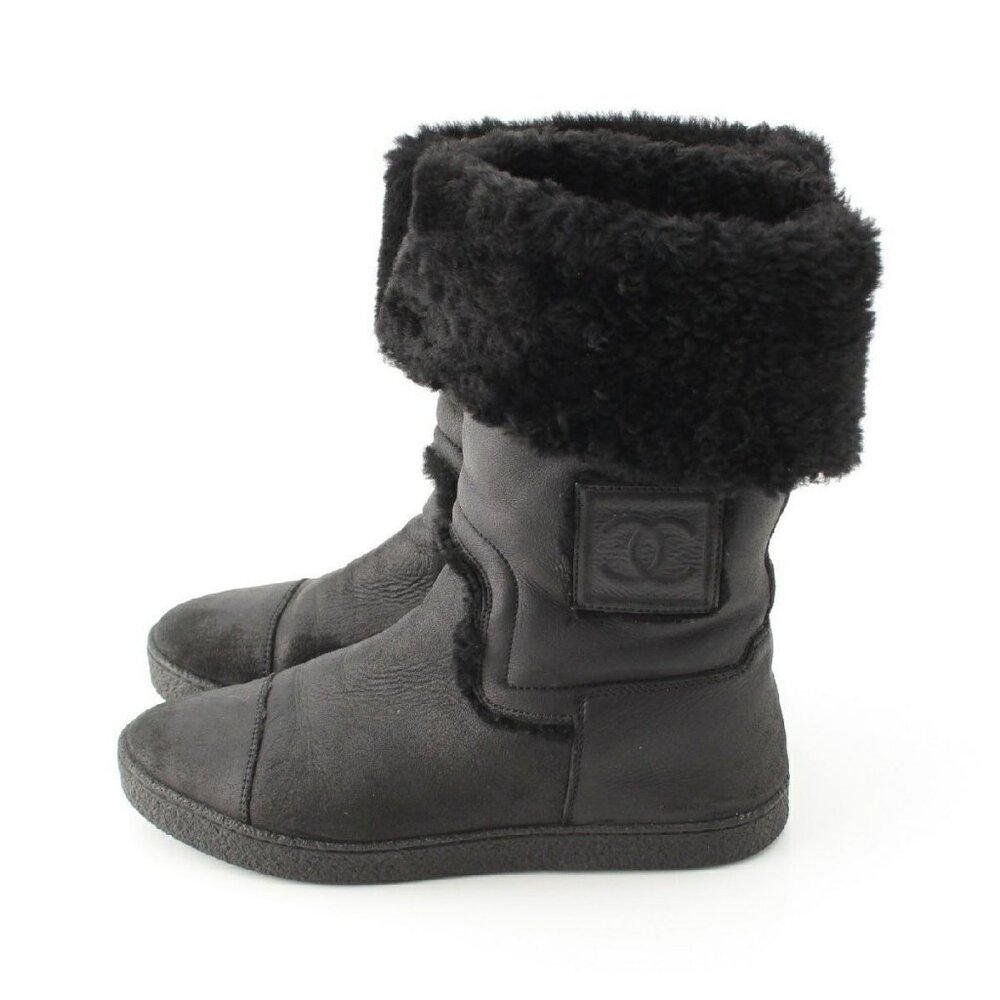 Authentic CHANEL Runway Leather Fur Boots Shoes Black Winter Coco Mark Size 38